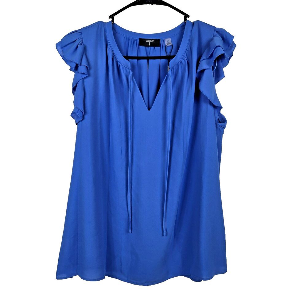 Tahari Women's Size Large Blue Flutter Cap Sleeve Tie‎ Front Blouse NWT